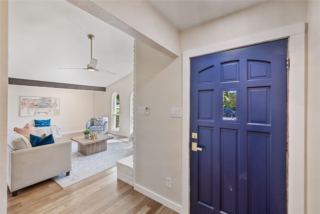 entrance foyer with ceiling fan and light hardwood / wood-style floors