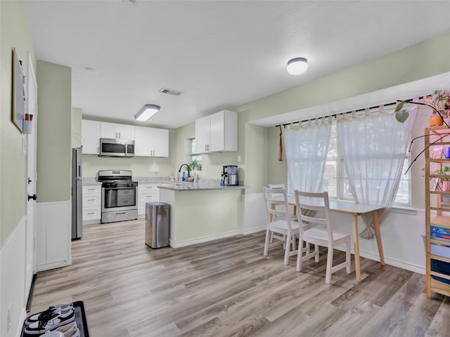 kitchen with light wood-type flooring, sink, white cabinets, kitchen peninsula, and stainless steel appliances