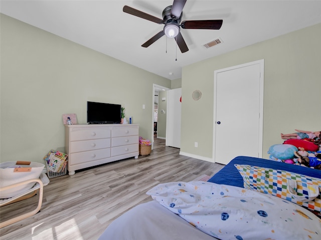 bedroom featuring ceiling fan and light hardwood / wood-style flooring