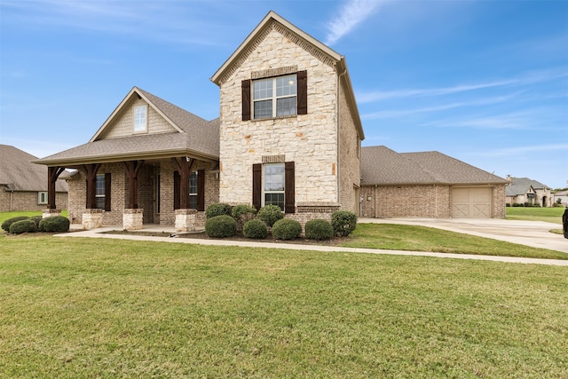 view of front facade featuring a front yard, a porch, and a garage