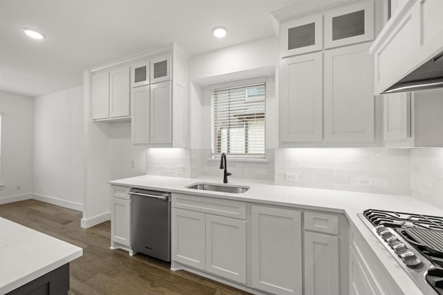 1406 Chickadee Dr, Mansfield, TX 76063 - kitchen featuring stainless steel appliances, premium range hood, light countertops, white cabinetry, and dark wood-style flooring