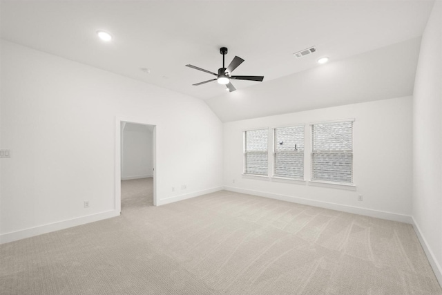 1406 Chickadee Dr, Mansfield, TX 76063 - spare room with light carpet, ceiling fan, lofted ceiling, and recessed lighting