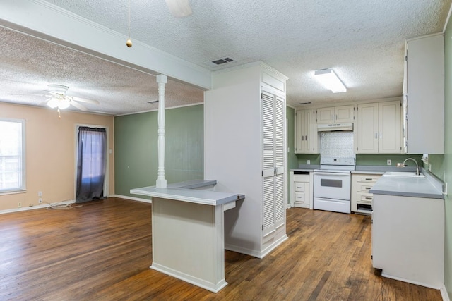 kitchen featuring a textured ceiling, white electric range, ceiling fan, and dark wood-type flooring