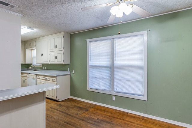 kitchen featuring white cabinets, white dishwasher, sink, a textured ceiling, and dark hardwood / wood-style flooring