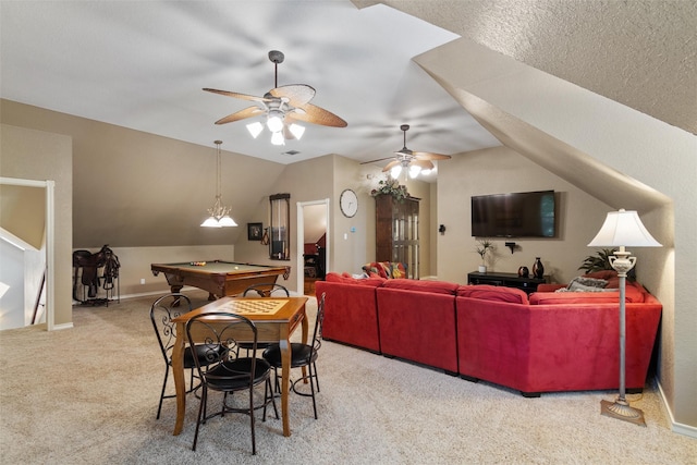 102 Ridge Ct, Glen Rose, TX 76043 - carpeted living area with pool table, a ceiling fan, lofted ceiling, and baseboards