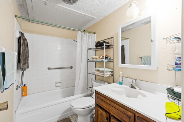 full bathroom with shower / bath combination with curtain, a textured ceiling, vanity, and toilet