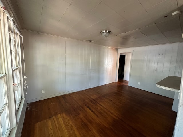 unfurnished room featuring wooden walls and dark wood-type flooring