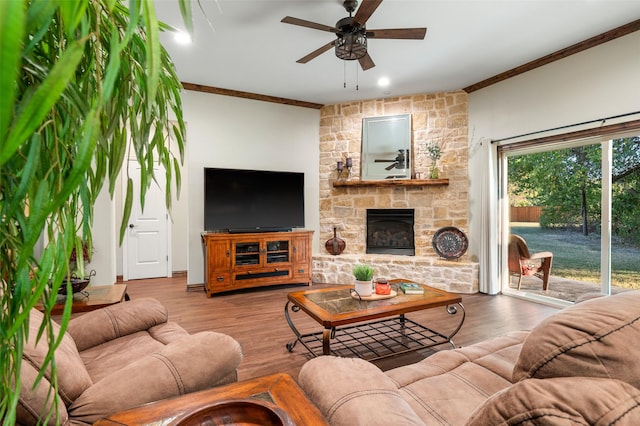 living room featuring a stone fireplace, crown molding, ceiling fan, and light wood-type flooring