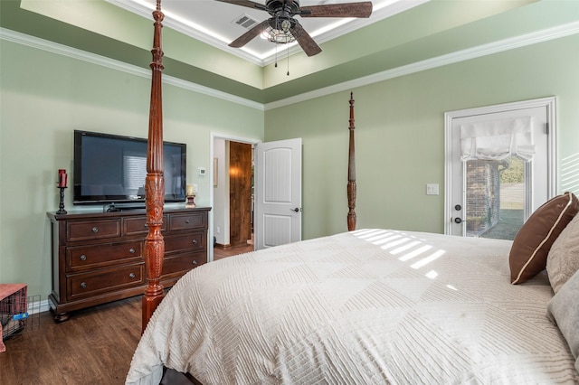 bedroom featuring ceiling fan, dark hardwood / wood-style floors, access to exterior, and ornamental molding