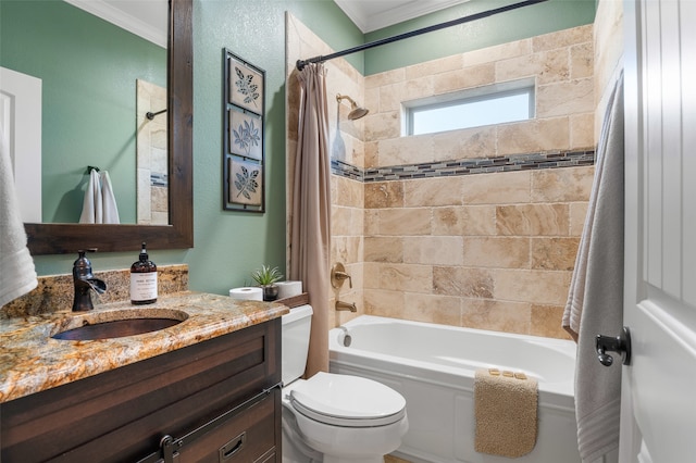 full bathroom with vanity, toilet, shower / bath combo, and crown molding