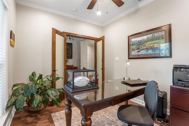 office area featuring wood-type flooring, french doors, ornamental molding, and ceiling fan