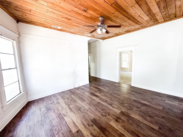 unfurnished room featuring crown molding, dark hardwood / wood-style floors, wooden ceiling, and a healthy amount of sunlight