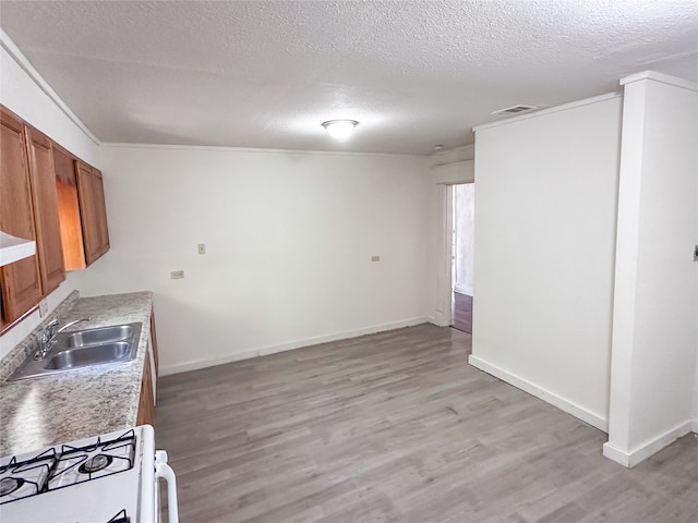 kitchen featuring light hardwood / wood-style flooring, a textured ceiling, white gas stove, and sink