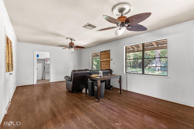 living room featuring ceiling fan, dark hardwood / wood-style floors, and plenty of natural light