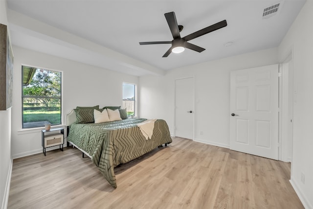 bedroom featuring ceiling fan and light hardwood / wood-style flooring