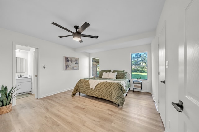 bedroom featuring ceiling fan, ensuite bathroom, and light hardwood / wood-style floors