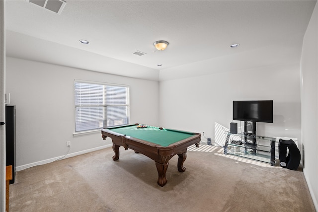 recreation room featuring visible vents, baseboards, billiards, and carpet