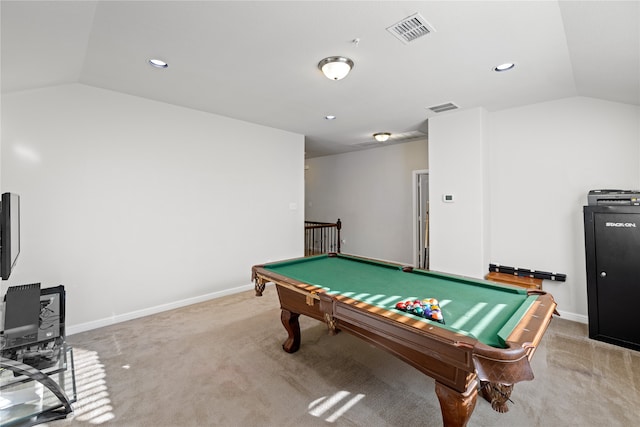 game room with light carpet, visible vents, baseboards, and vaulted ceiling