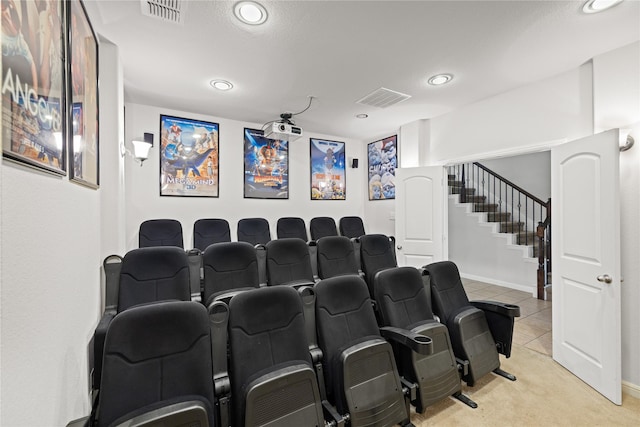 home theater room featuring recessed lighting, visible vents, baseboards, and light tile patterned flooring