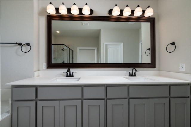 bathroom featuring vanity and plus walk in shower