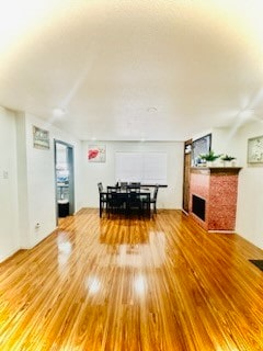 living room with a fireplace and hardwood / wood-style floors