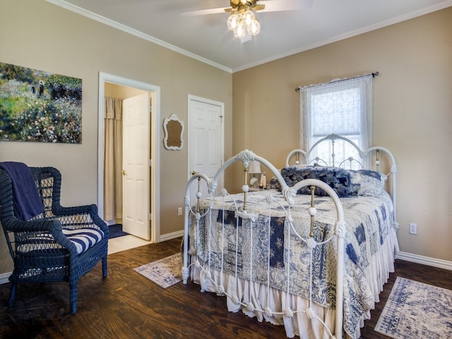 bedroom with ornamental molding, ceiling fan, and hardwood / wood-style flooring