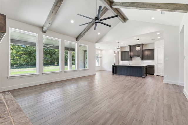 unfurnished living room with light hardwood / wood-style floors, high vaulted ceiling, beamed ceiling, ceiling fan, and sink