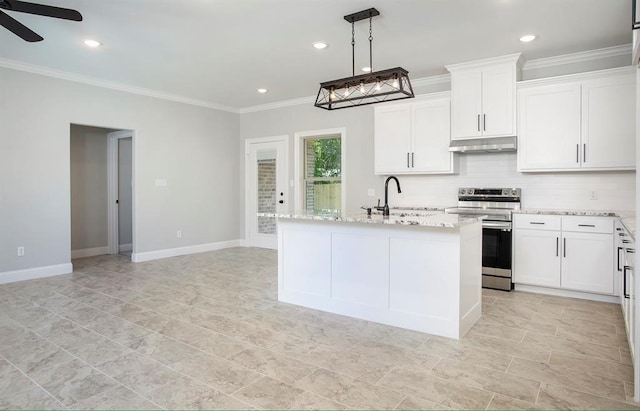 kitchen featuring a center island with sink, electric range, and white cabinetry