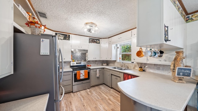 kitchen with light wood-style flooring, a sink, light countertops, under cabinet range hood, and appliances with stainless steel finishes