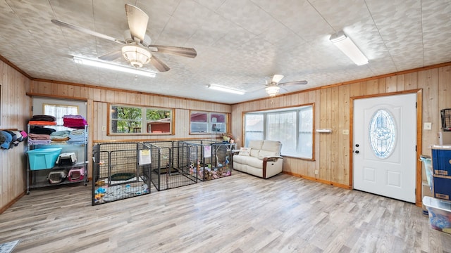 entryway featuring a ceiling fan, wood finished floors, wood walls, and ornamental molding