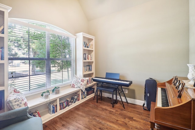 office area with vaulted ceiling, dark hardwood / wood-style flooring, and plenty of natural light