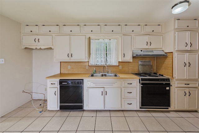 kitchen with sink, backsplash, black appliances, light tile patterned floors, and extractor fan