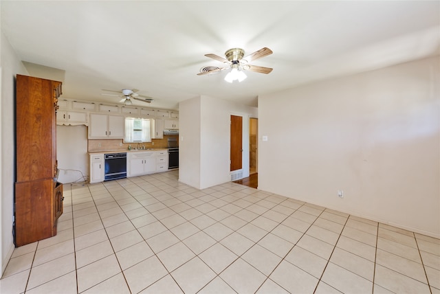 kitchen with white cabinetry, decorative backsplash, black appliances, light tile patterned floors, and ceiling fan