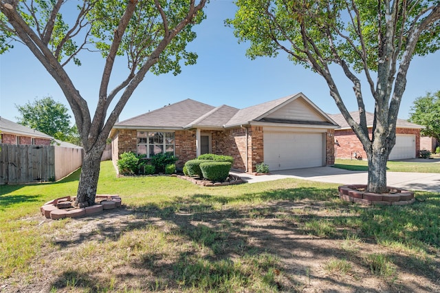 single story home featuring a garage and a front yard