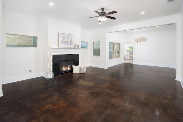 unfurnished living room with ceiling fan, a fireplace, and ornamental molding