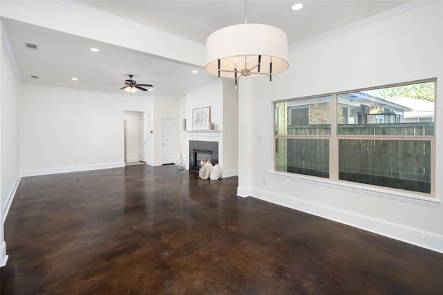 unfurnished living room featuring ceiling fan with notable chandelier and crown molding