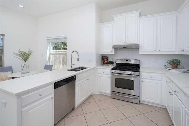 kitchen with kitchen peninsula, sink, white cabinets, and appliances with stainless steel finishes