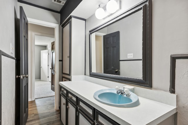 bathroom featuring vanity and hardwood / wood-style floors