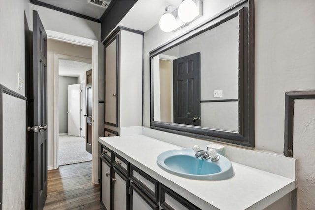 bathroom featuring wood finished floors, vanity, and visible vents