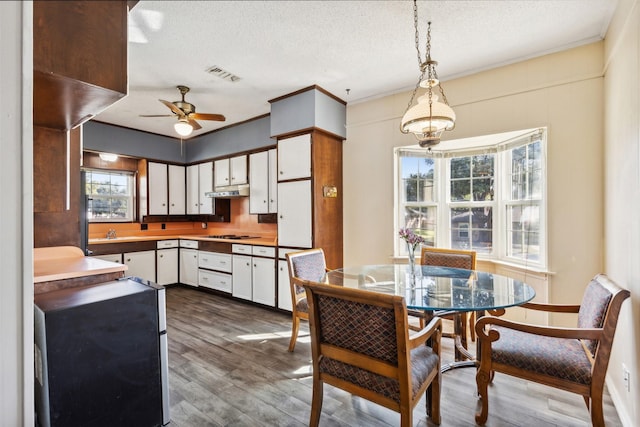 kitchen with dark wood finished floors, ceiling fan, white cabinetry, visible vents, and stovetop