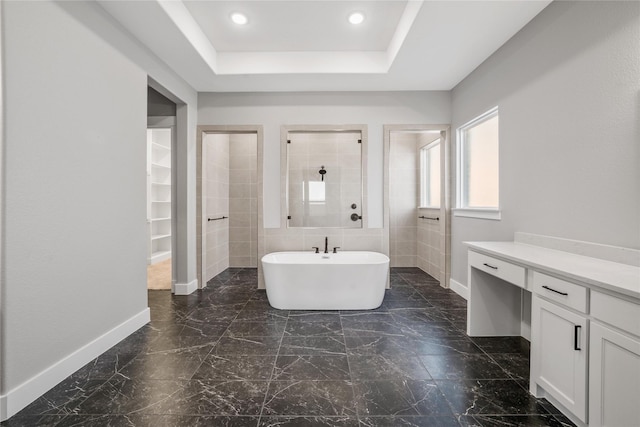 bathroom with vanity, a tray ceiling, and plus walk in shower