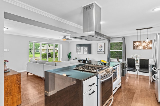 kitchen featuring stainless steel appliances, white cabinets, hardwood / wood-style floors, and decorative light fixtures