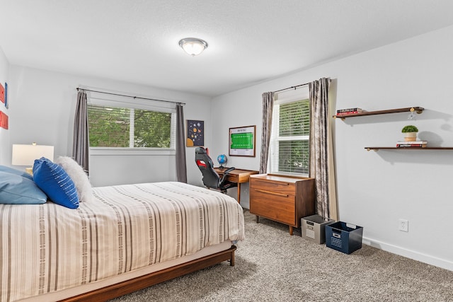 bedroom with multiple windows, carpet floors, and a textured ceiling