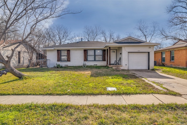 single story home featuring a front yard and a garage