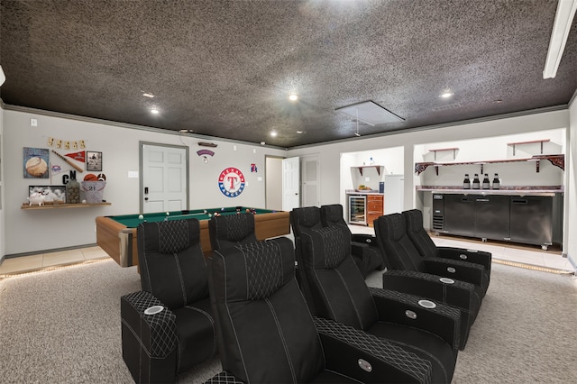 cinema room featuring light carpet, ornamental molding, a textured ceiling, pool table, and beverage cooler