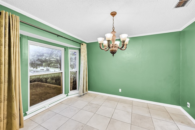 unfurnished dining area featuring a notable chandelier, crown molding, light tile patterned floors, and a textured ceiling