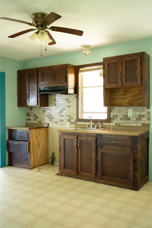 kitchen featuring tasteful backsplash, sink, dark brown cabinets, and ceiling fan