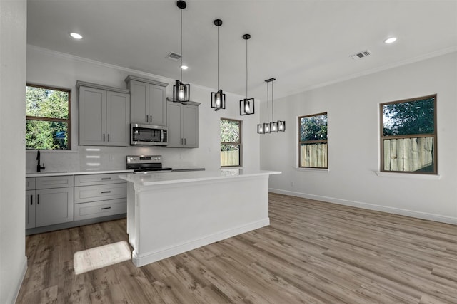 kitchen with gray cabinetry, light wood-type flooring, appliances with stainless steel finishes, and plenty of natural light