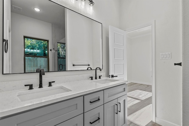 bathroom featuring vanity and hardwood / wood-style floors