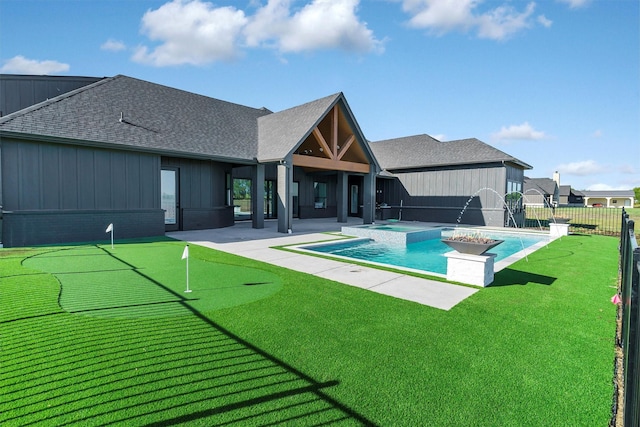 5360 Moncrief Rd, Justin, TX 76247 - view of pool with a fenced backyard, a fenced in pool, a jacuzzi, a patio area, and a lawn